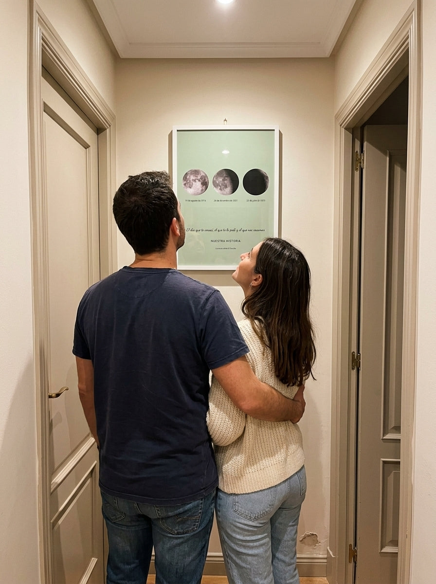 Una pareja recién casada mirando el cuadro fase lunar personalizado de boda recién colgado