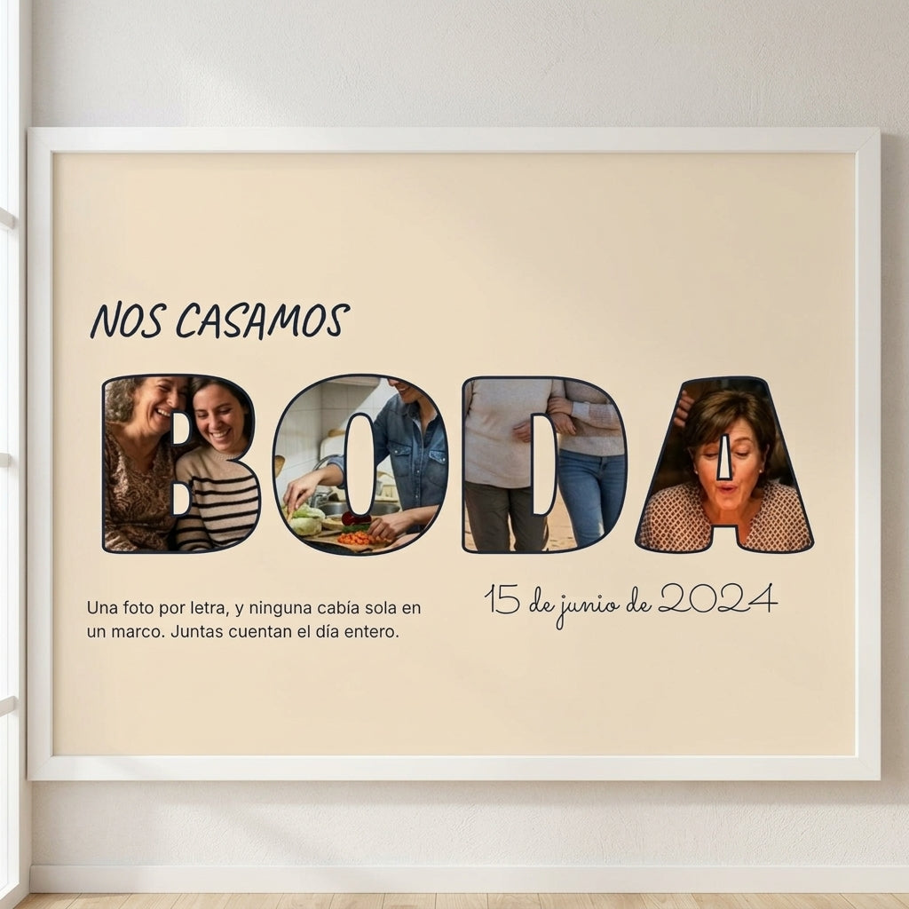 Cuadro letras con fotos personalizado de boda con una foto dentro de cada letra de BODA, colgado en una pared clara