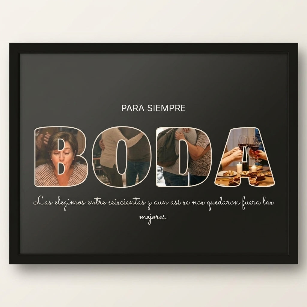 Cuadro letras con fotos personalizado de boda con marco negro, foto de estudio sobre fondo neutro