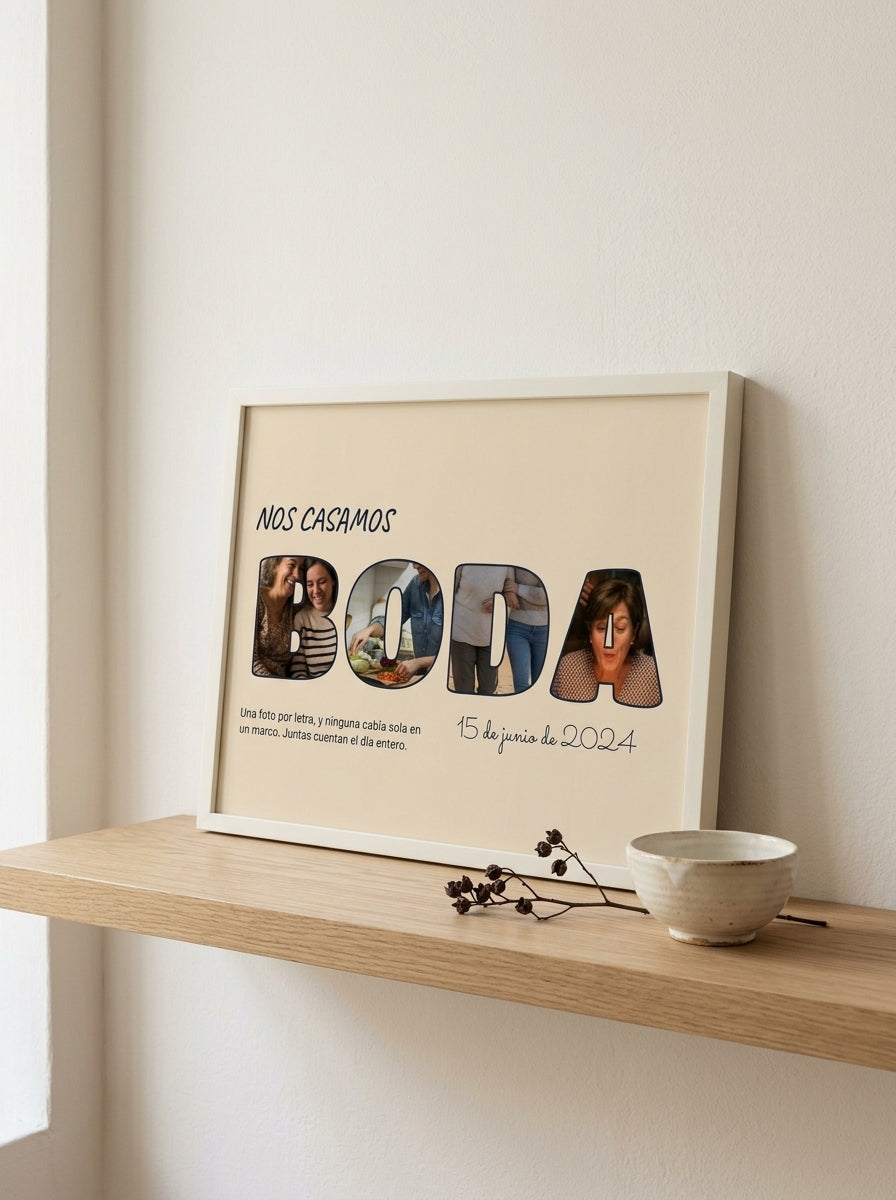 Cuadro letras con fotos personalizado de boda apoyado en una balda de roble junto a una rama seca