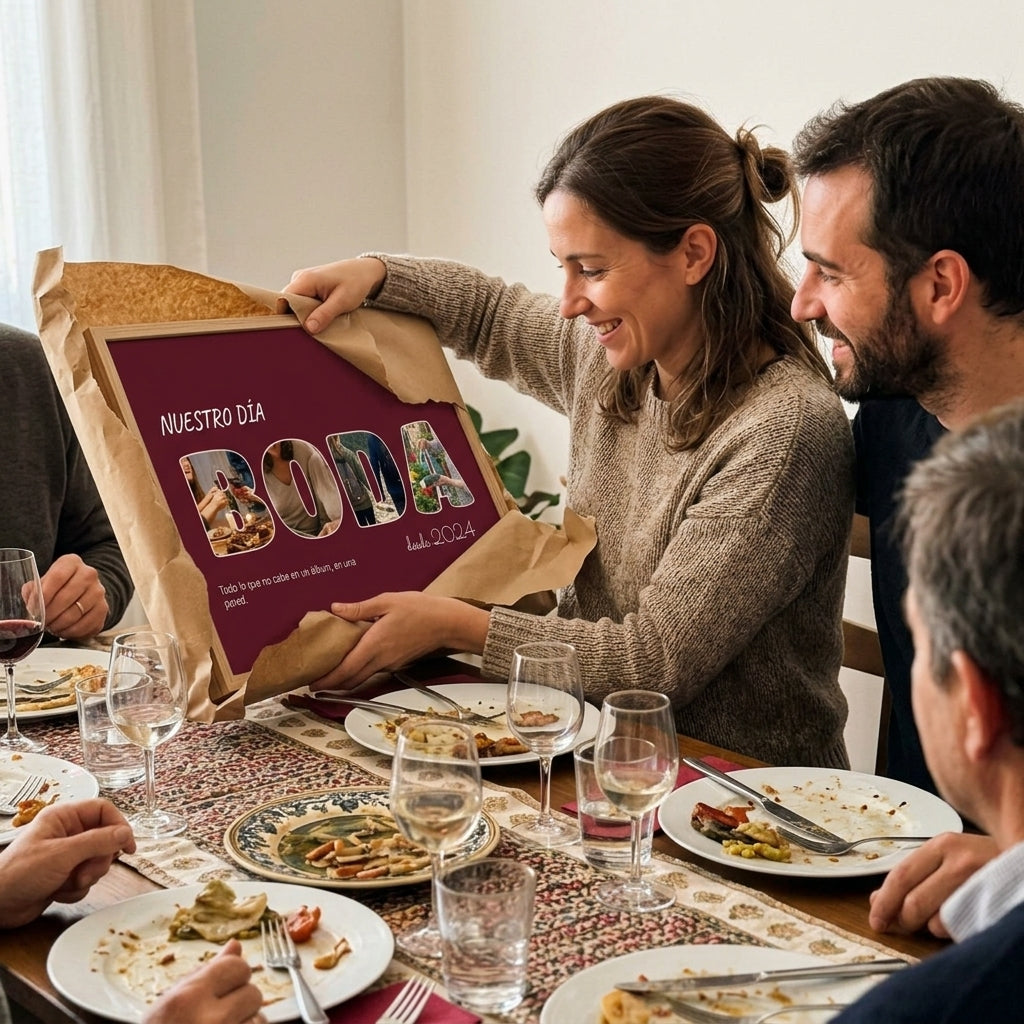 Abriendo el regalo del cuadro letras con fotos personalizado de boda en una comida familiar