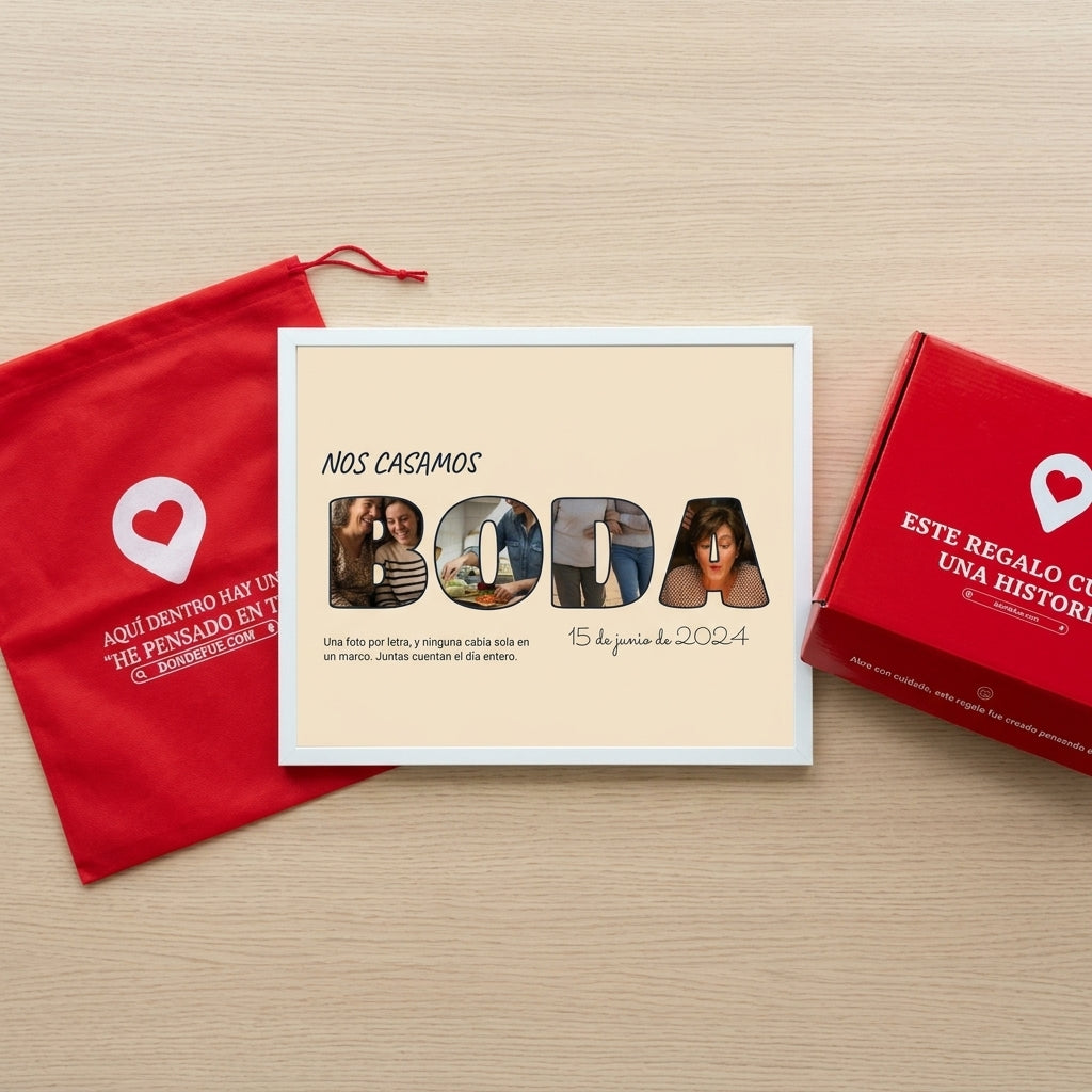 Cuadro letras con fotos personalizado de boda junto a la caja y la bolsa de regalo de Donde Fue