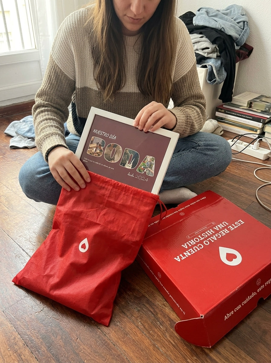 Sacando el cuadro letras con fotos personalizado de boda de la bolsa de regalo, con la caja abierta al lado