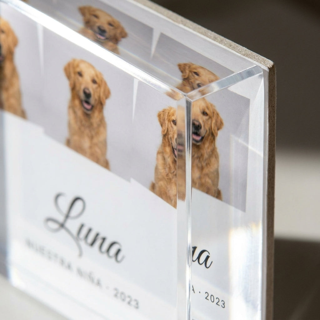 Detalle del canto pulido de 2 cm del bloque de metacrilato personalizado con la foto del perro