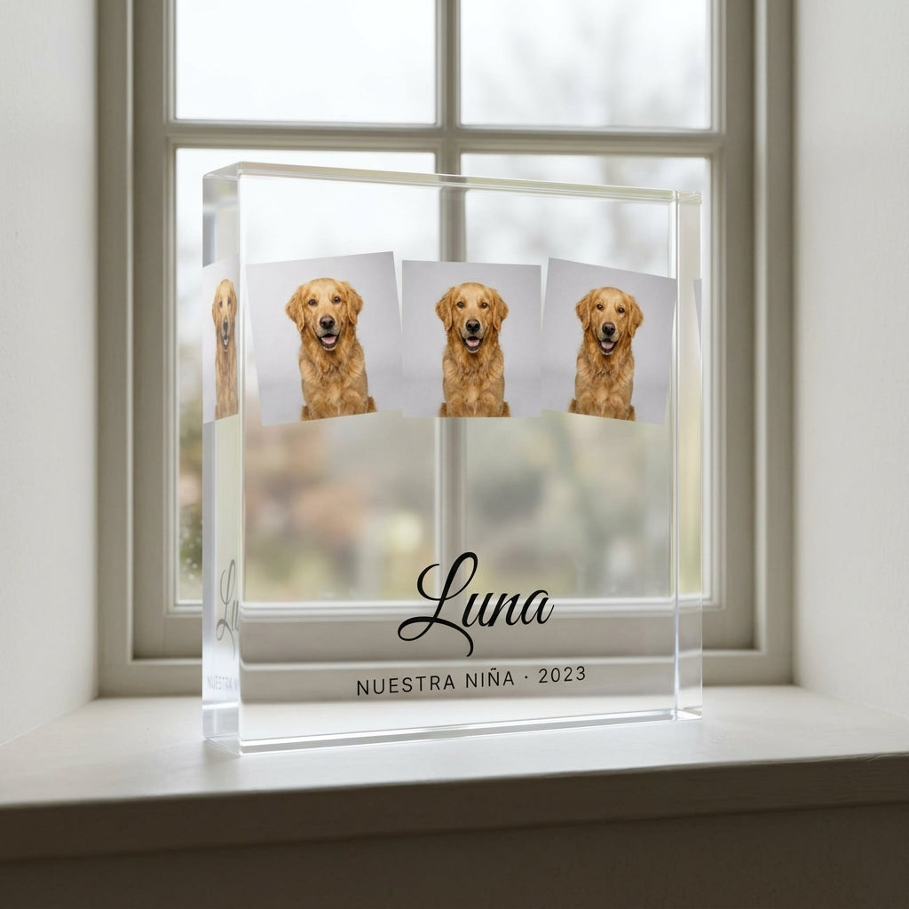 Bloque de metacrilato personalizado de mascota a contraluz en una ventana