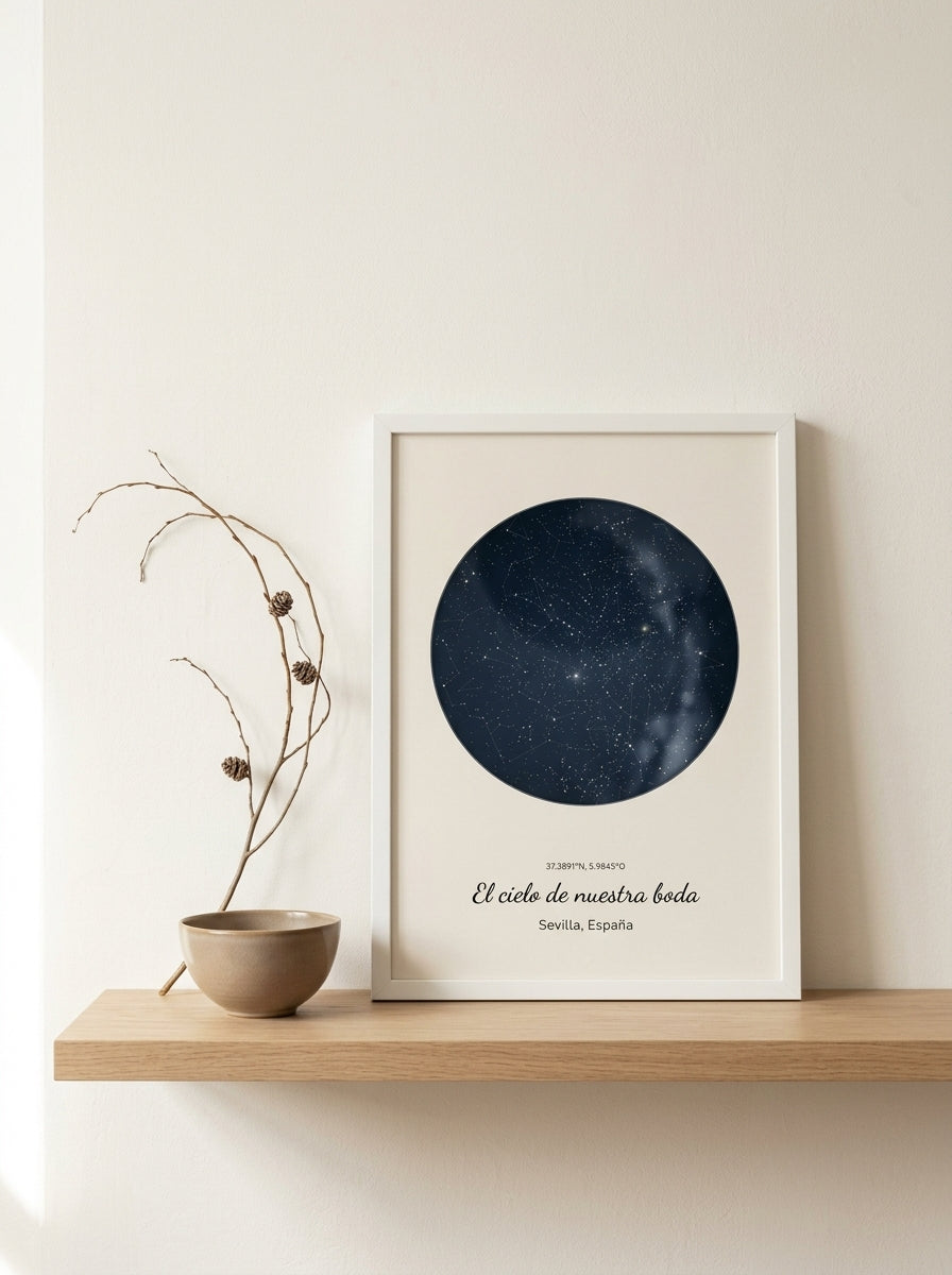 Cuadro mapa estelar personalizado de boda apoyado en una balda de roble junto a una rama seca