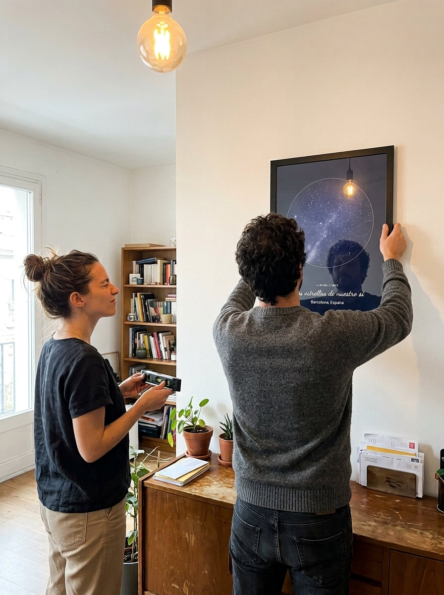 Colgando el cuadro mapa estelar personalizado de boda en la pared de casa