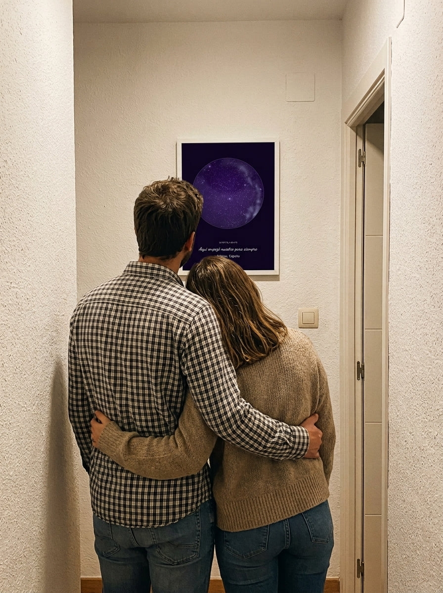 Una pareja recién casada mirando el cuadro mapa estelar personalizado de boda recién colgado
