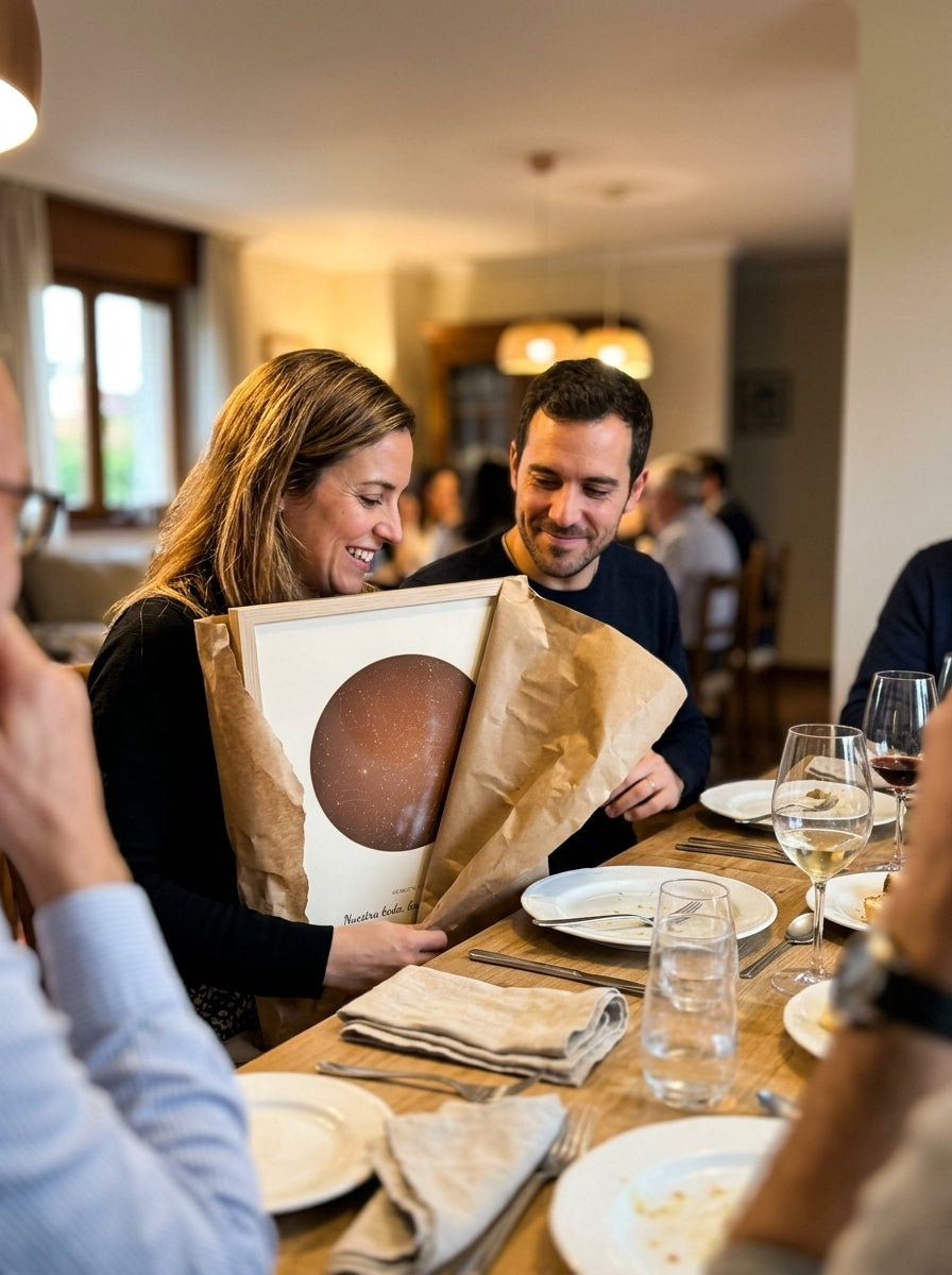 Abriendo el regalo del cuadro mapa estelar personalizado de boda en una comida familiar