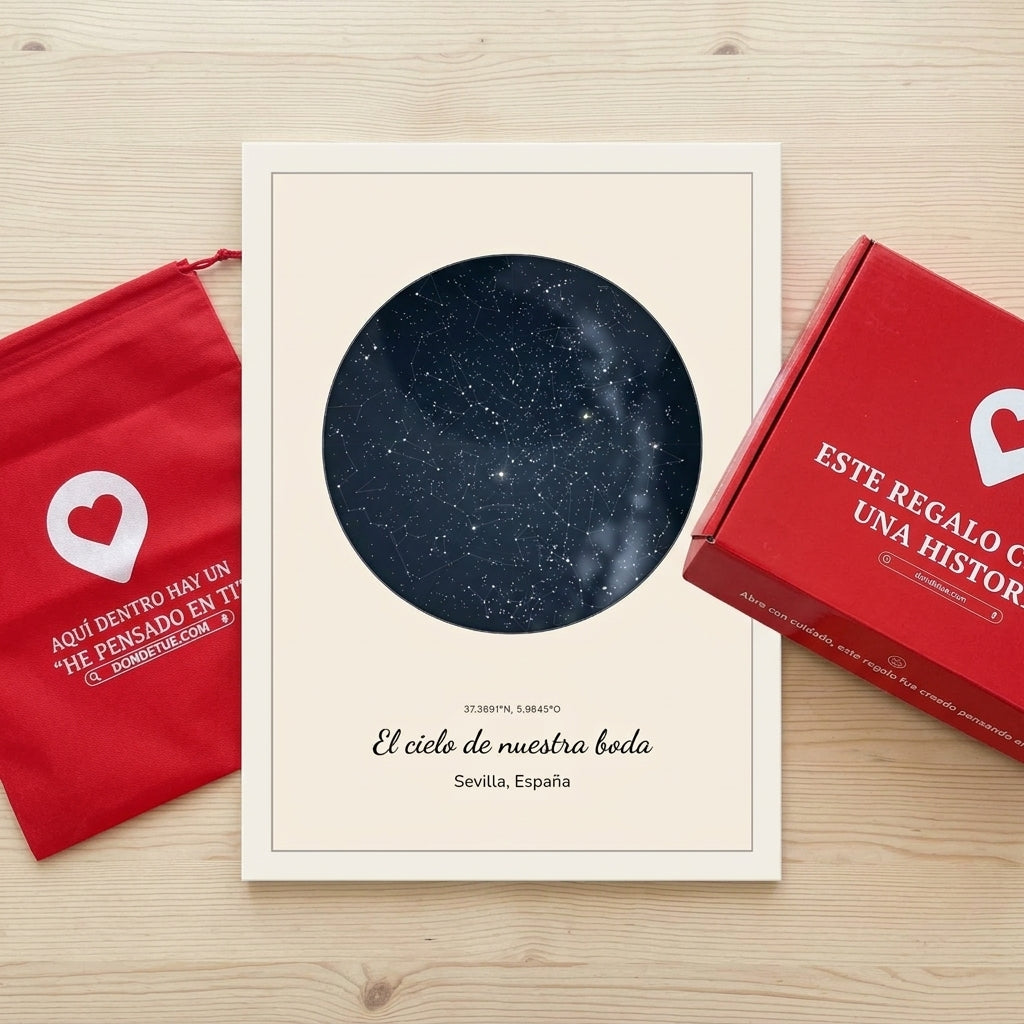 Cuadro mapa estelar personalizado de boda junto a la caja y la bolsa de regalo de Donde Fue