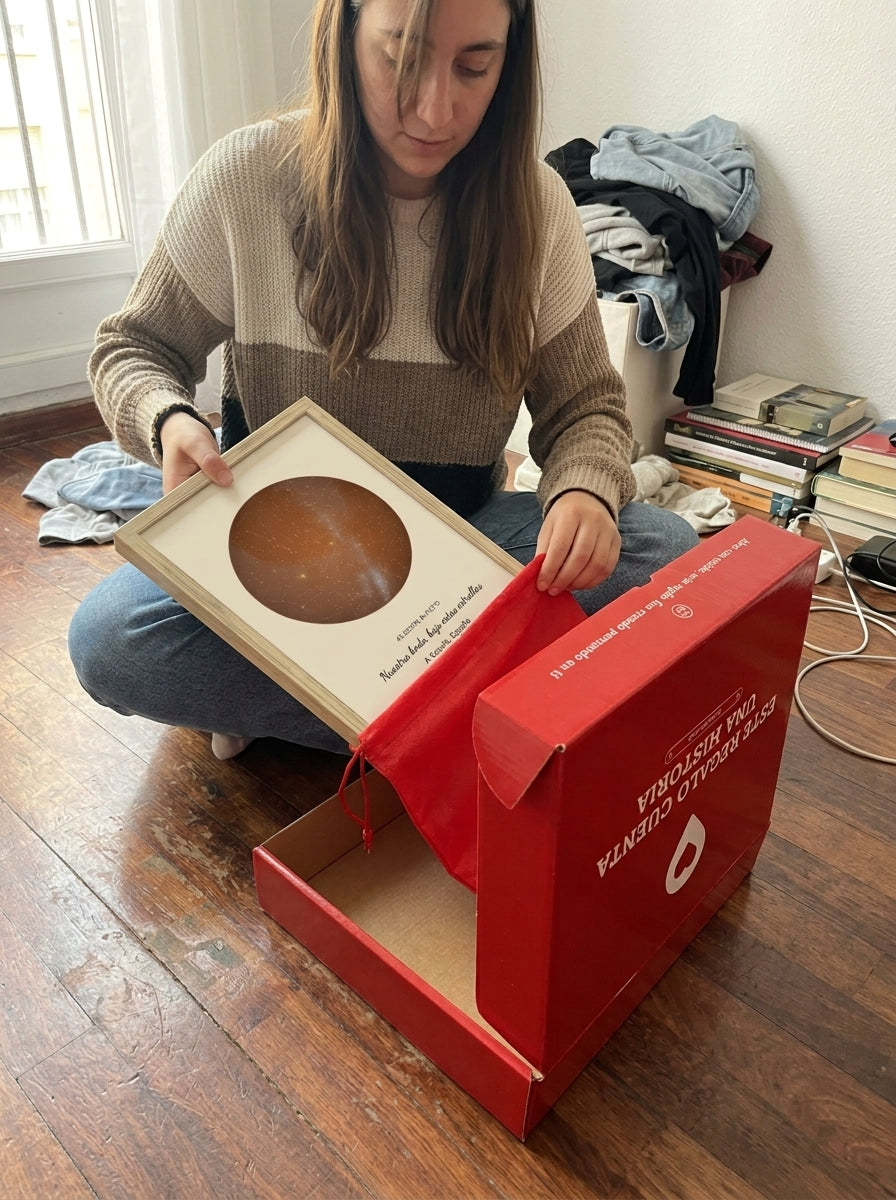 Sacando el cuadro mapa estelar personalizado de boda de la bolsa de regalo, con la caja abierta al lado