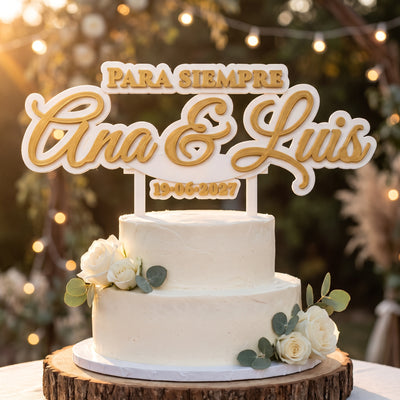 Cake topper de boda personalizado con nombres y fecha, impreso en 3D