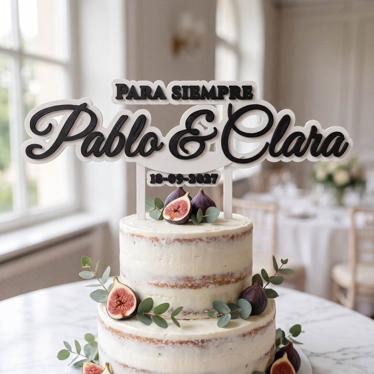 Cake topper de boda personalizado con los nombres Pablo y Clara en otros colores, impreso en 3D