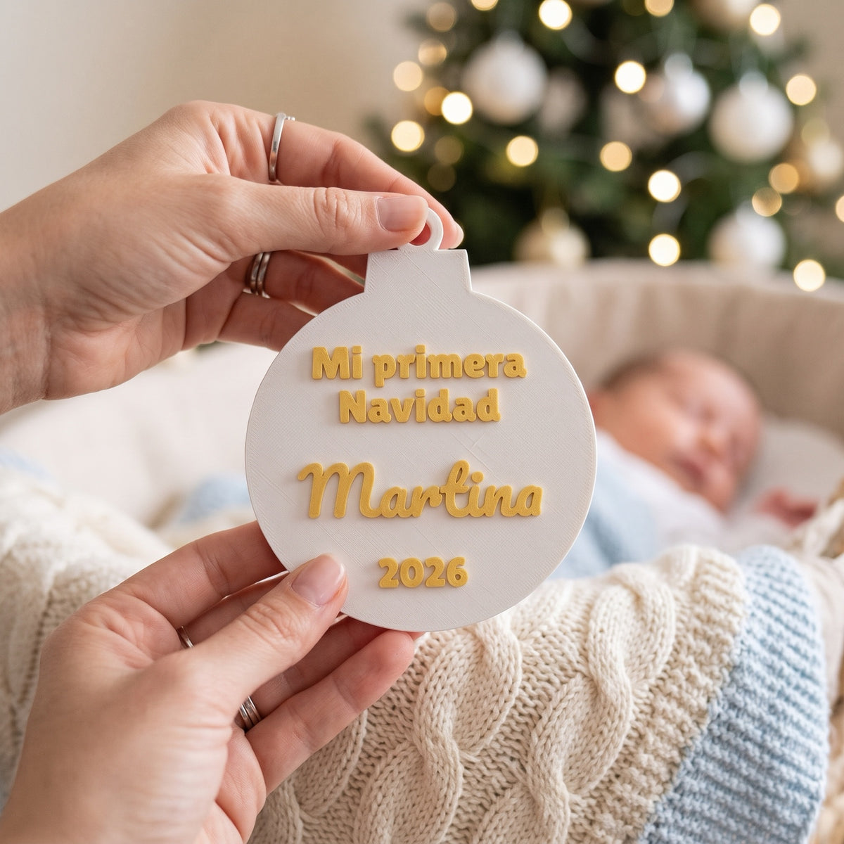 Bola Mi primera Navidad 2026 con el nombre Martina junto a la cuna de un bebé