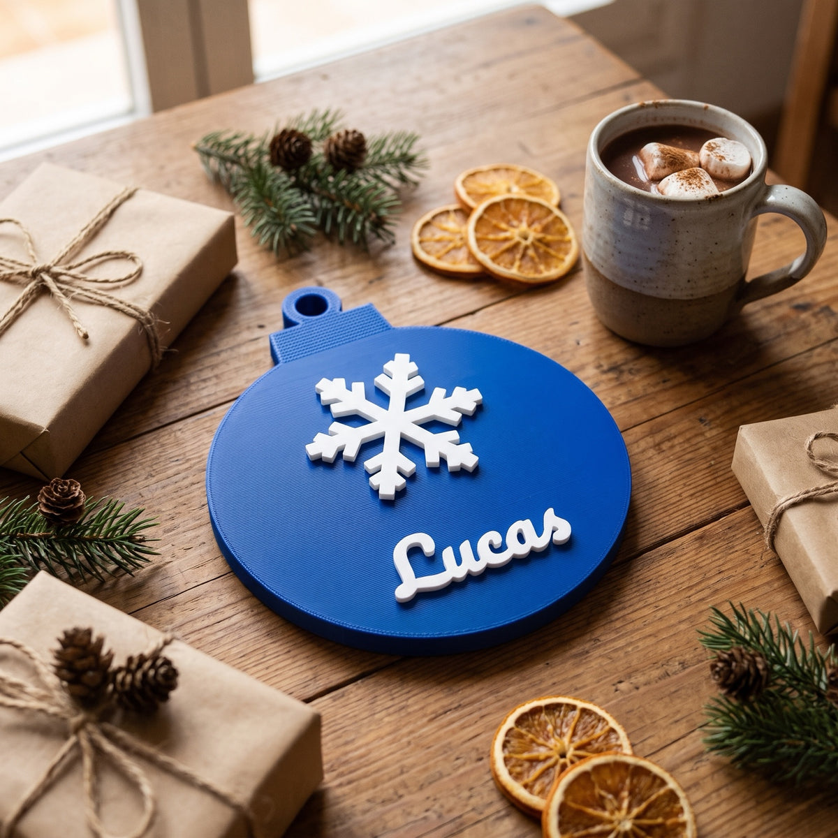 Bola de Navidad 3D azul con copo de nieve y el nombre Lucas entre regalos envueltos