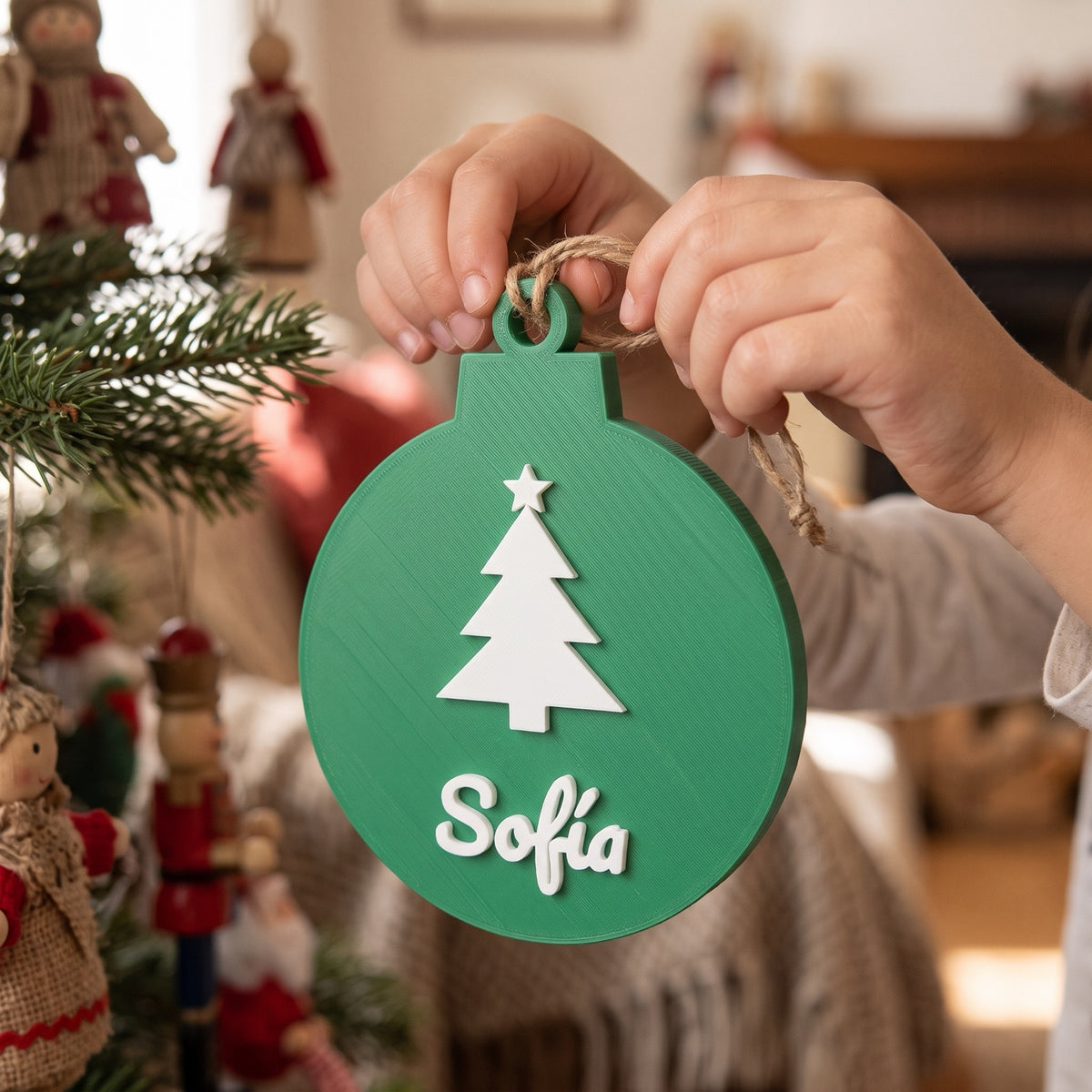 Niña colgando en el árbol una bola de Navidad verde con abeto y el nombre Sofía
