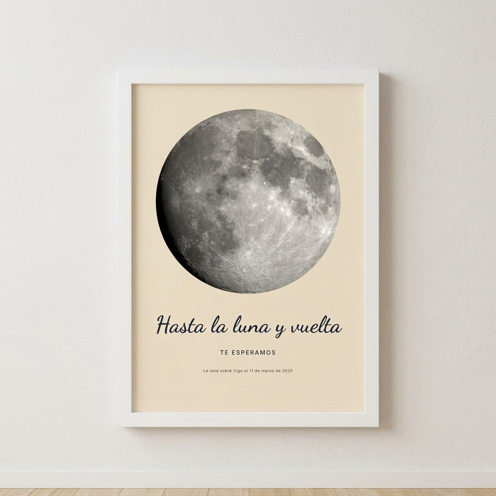 Cuadro fase lunar personalizado de baby shower con la luna de la noche en que supisteis que venía, colgado en una pared clara