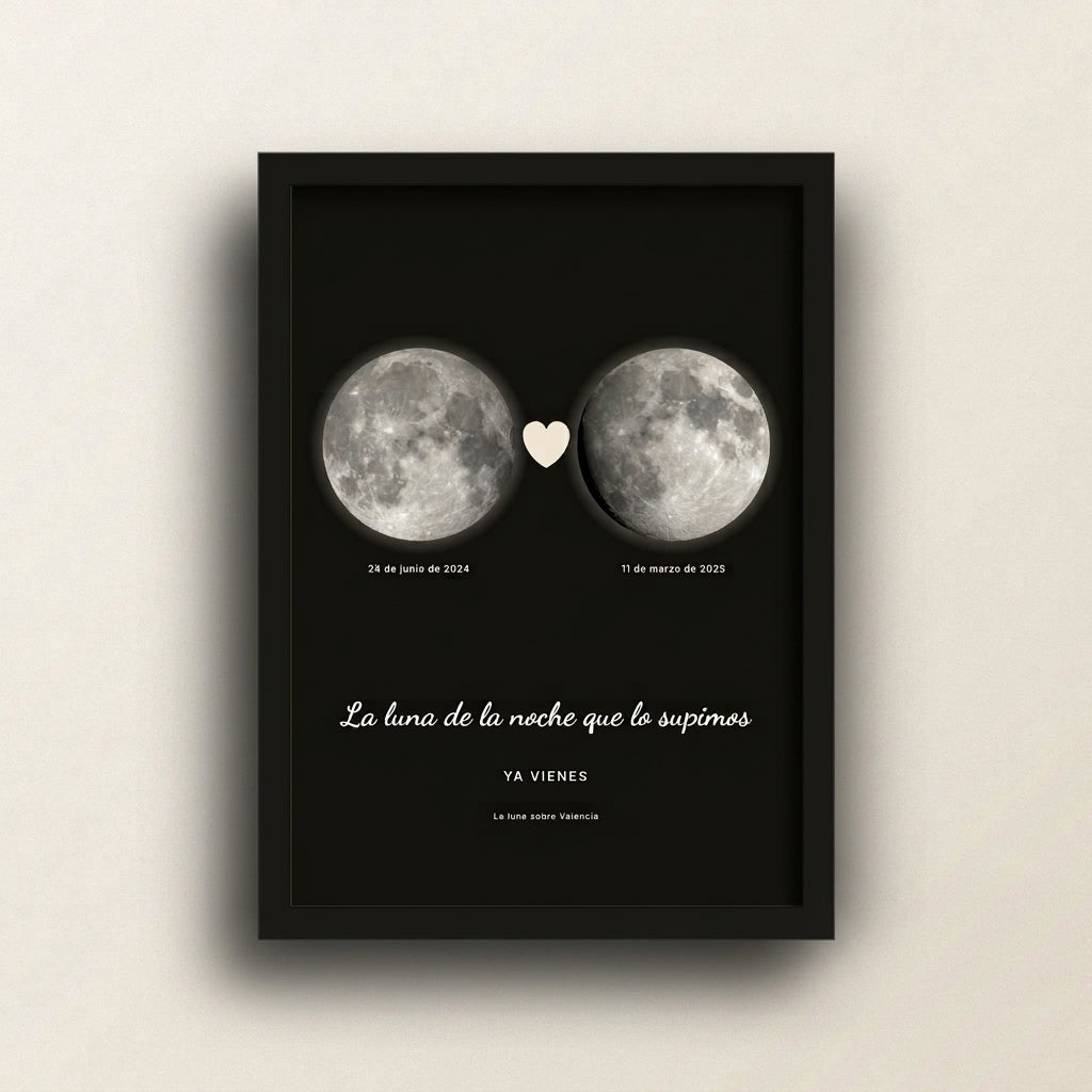 Cuadro fase lunar personalizado de baby shower con marco negro, foto de estudio sobre fondo neutro