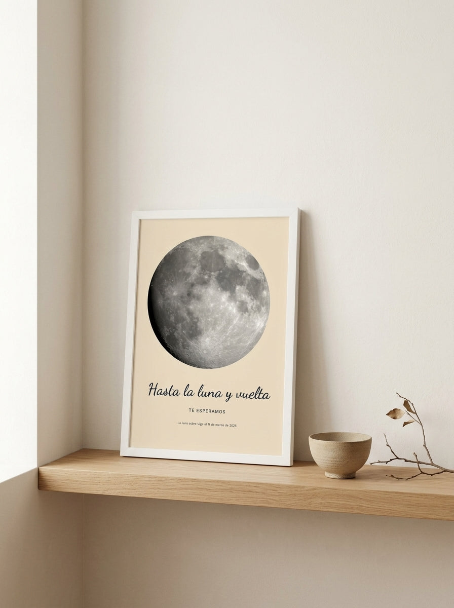 Cuadro fase lunar personalizado de baby shower apoyado en una balda de roble junto a una rama seca