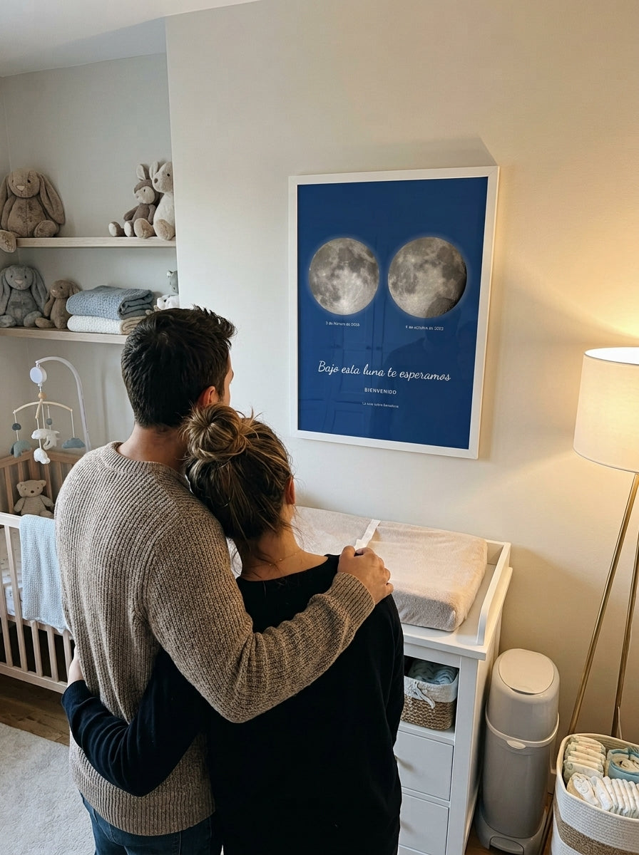 Los futuros padres mirando el cuadro fase lunar personalizado de baby shower recién colgado