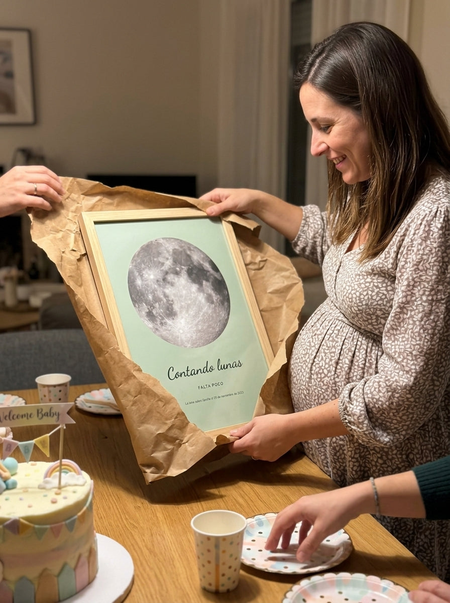 Abriendo el regalo del cuadro fase lunar personalizado de baby shower en una comida familiar