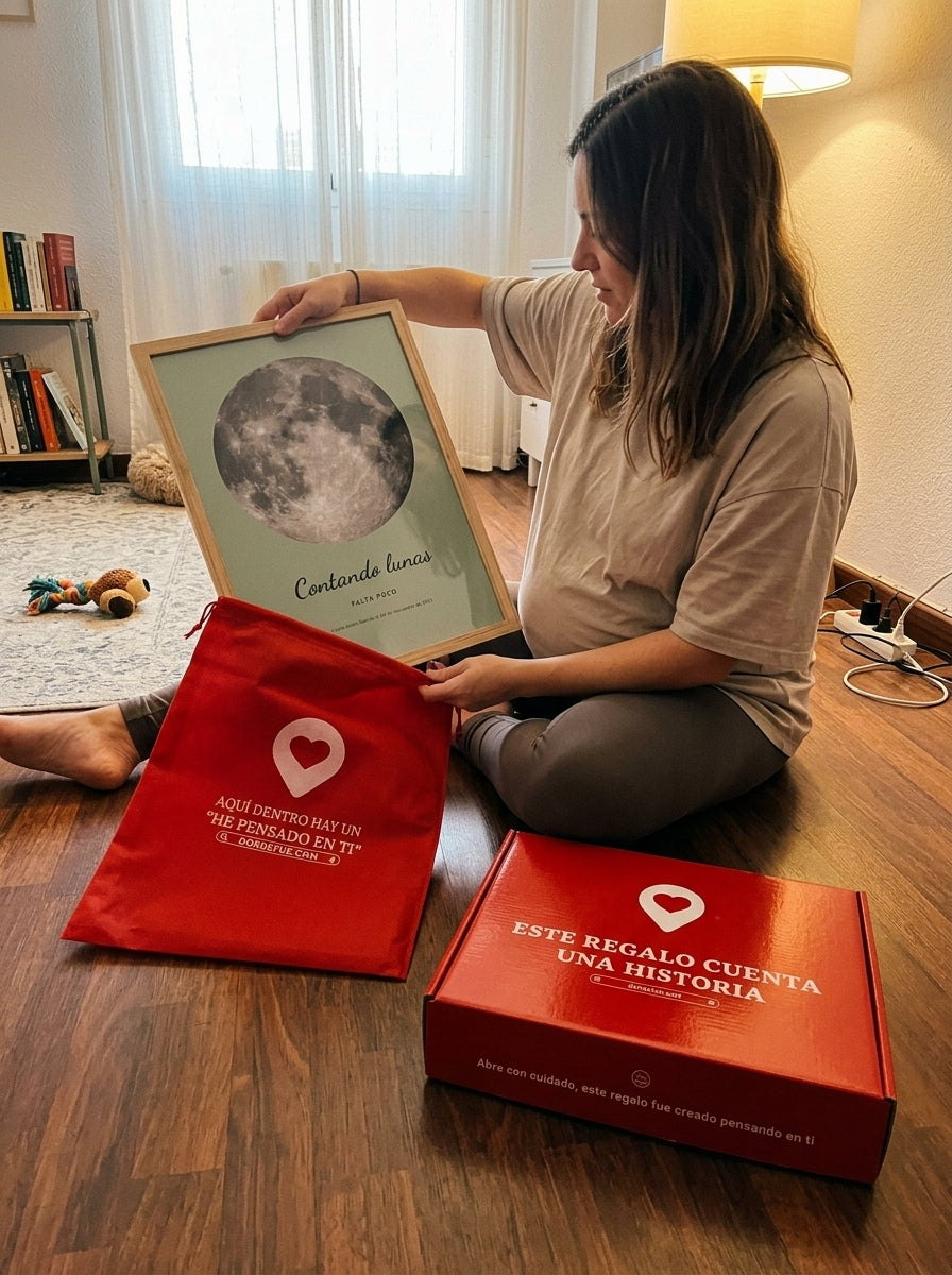 Sacando el cuadro fase lunar personalizado de baby shower de la bolsa de regalo, con la caja abierta al lado