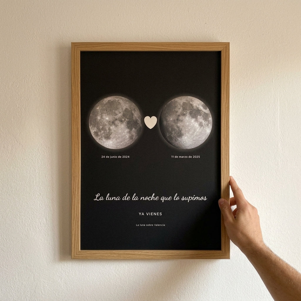 Enderezando el cuadro fase lunar personalizado de baby shower recién colgado en la pared