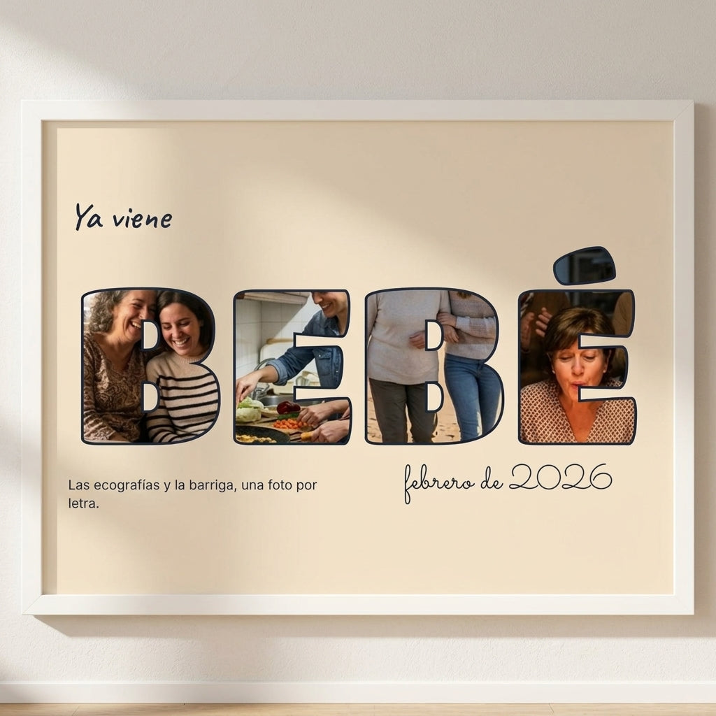 Cuadro letras con fotos personalizado de baby shower con una foto dentro de cada letra de BEBÉ, colgado en una pared clara