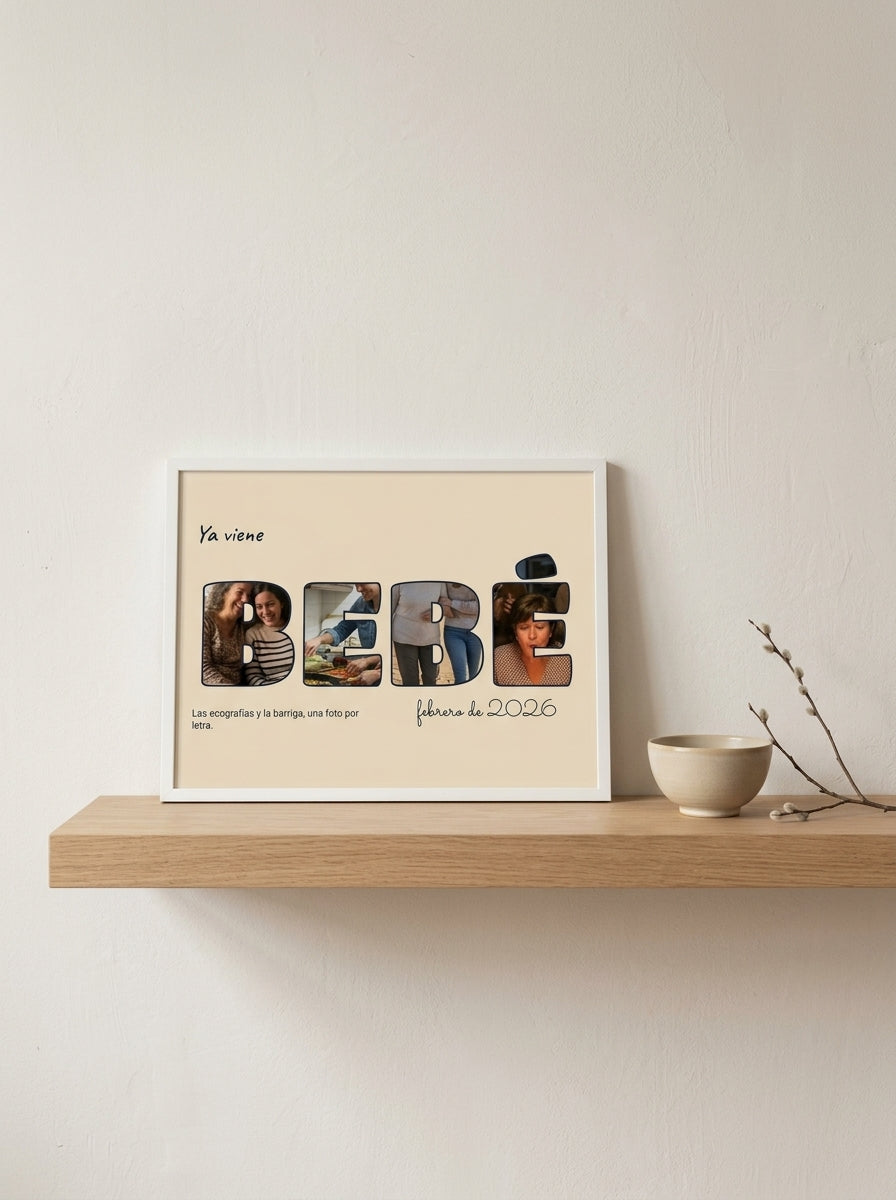 Cuadro letras con fotos personalizado de baby shower apoyado en una balda de roble junto a una rama seca