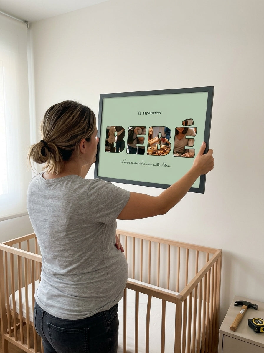 Colgando el cuadro letras con fotos personalizado de baby shower en la pared de casa