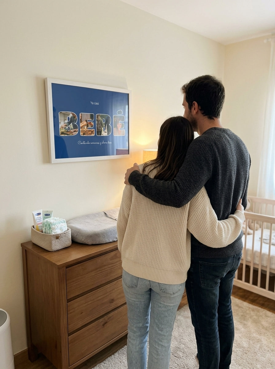 Los futuros padres mirando el cuadro letras con fotos personalizado de baby shower recién colgado