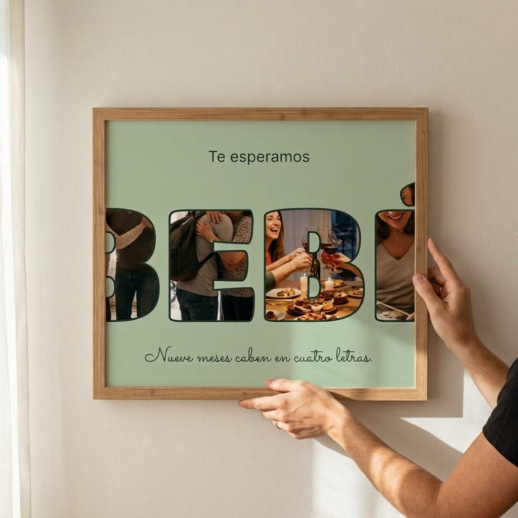 Enderezando el cuadro letras con fotos personalizado de baby shower recién colgado en la pared