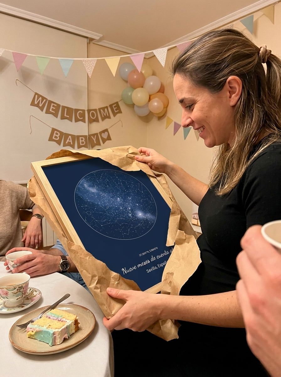 Abriendo el regalo del cuadro mapa estelar personalizado de baby shower en una comida familiar