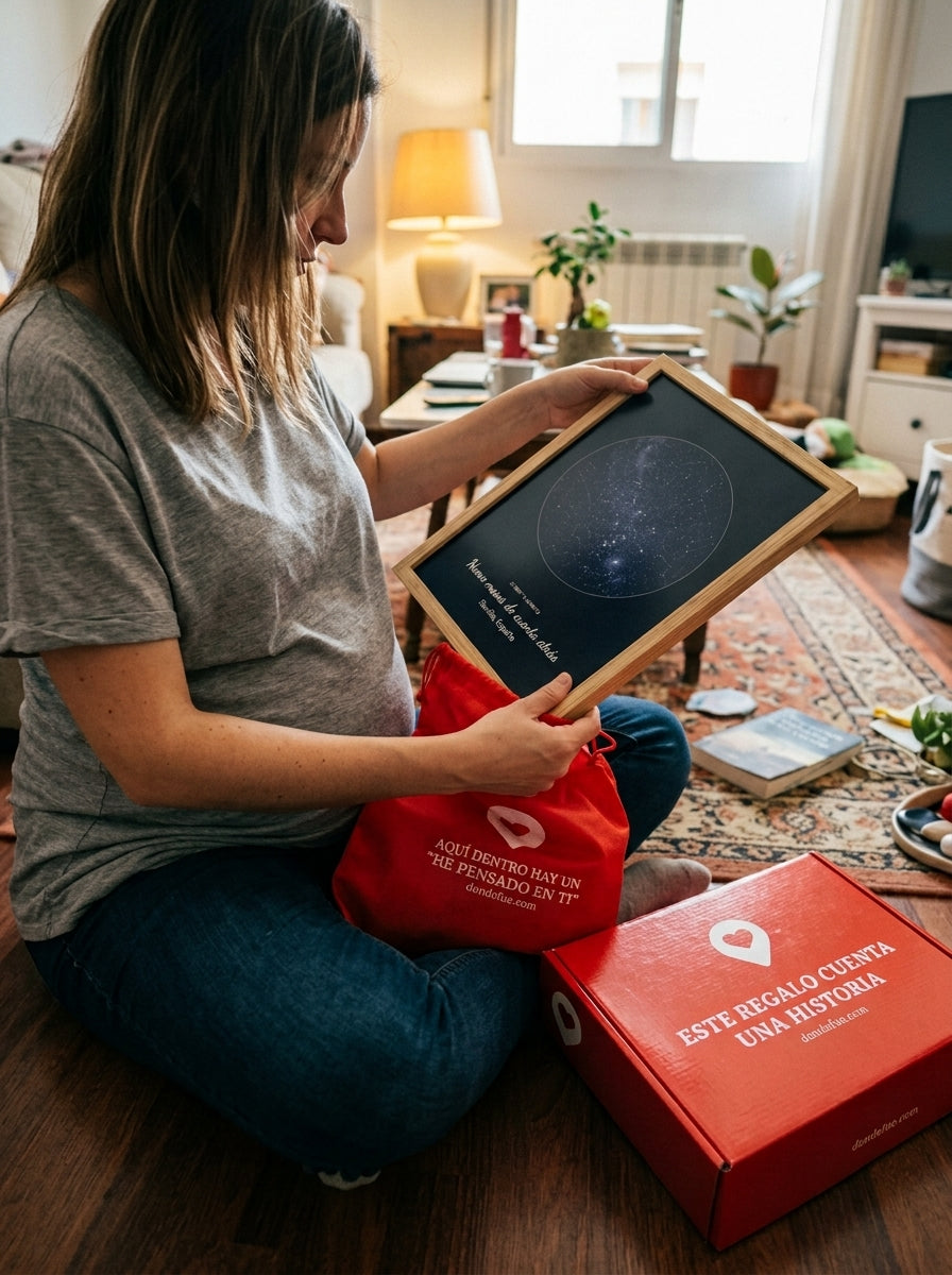 Sacando el cuadro mapa estelar personalizado de baby shower de la bolsa de regalo, con la caja abierta al lado