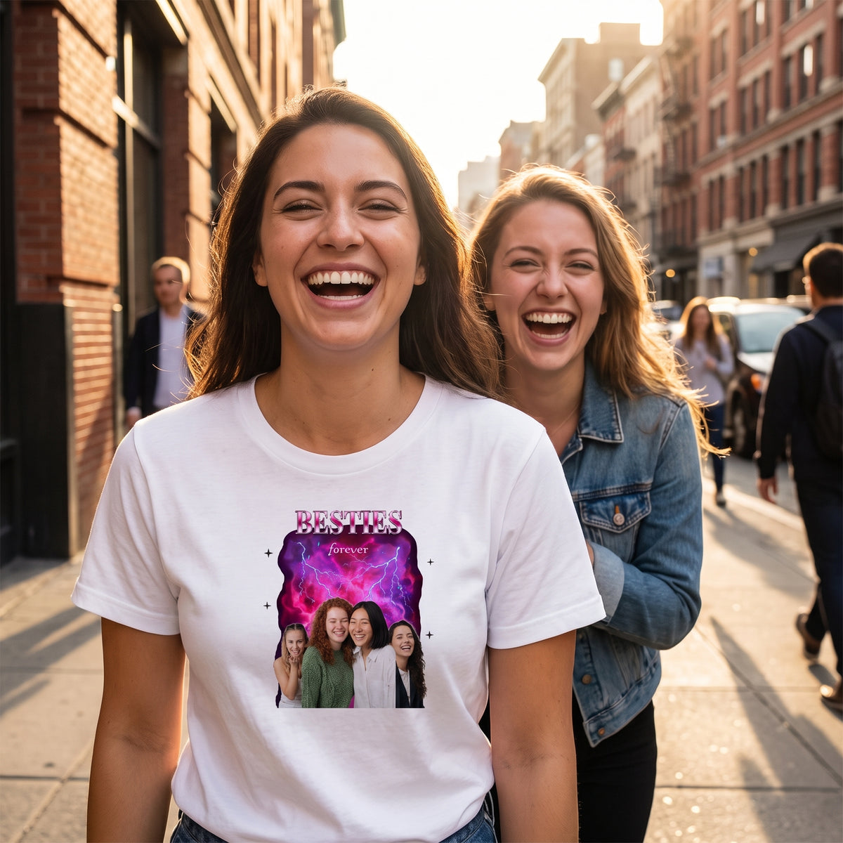 Dos amigas riendo en la calle; una lleva la camiseta blanca personalizada estilo bootleg con sus fotos sobre humo rosa neón y «BESTIES» en el pecho