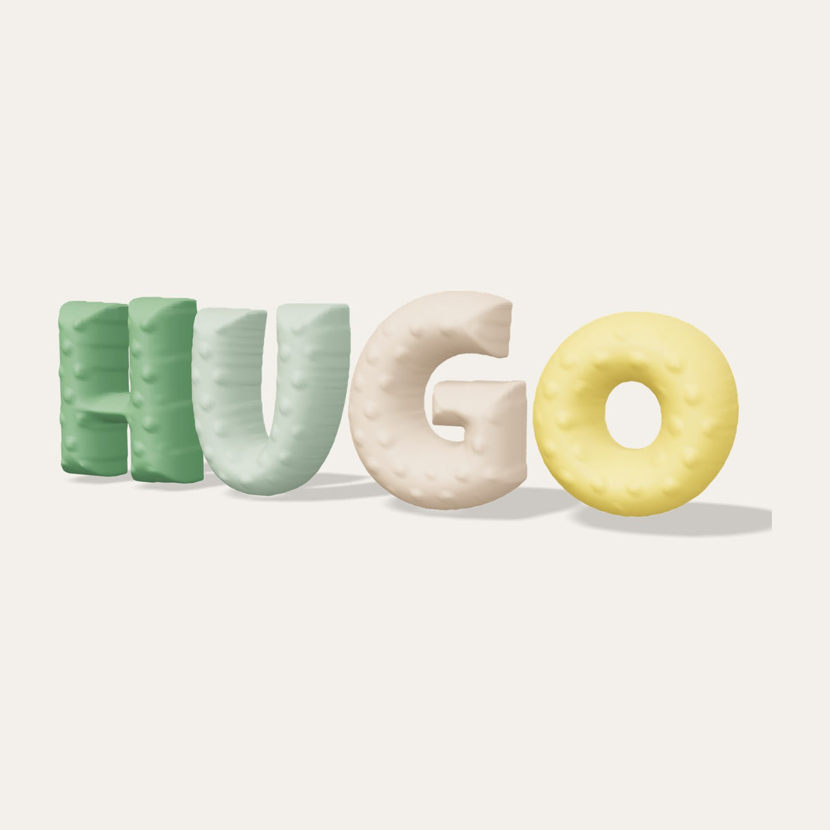 Letras burbuja 3D HUGO en tonos selva con lunares
