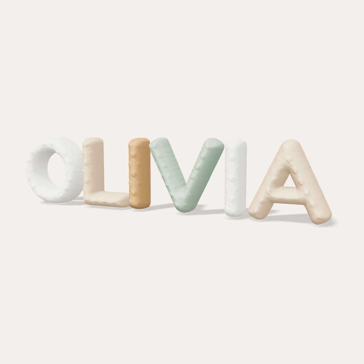 Letras burbuja 3D OLIVIA en neutros boho con flores en relieve