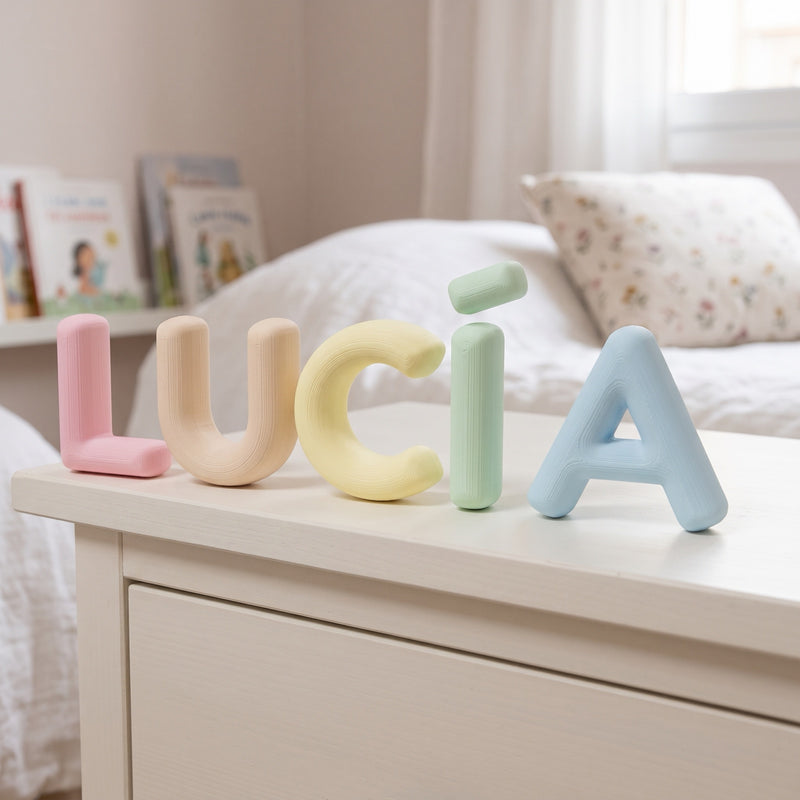 Nome en letras burbuja 3D en tonos pastel para habitación infantil