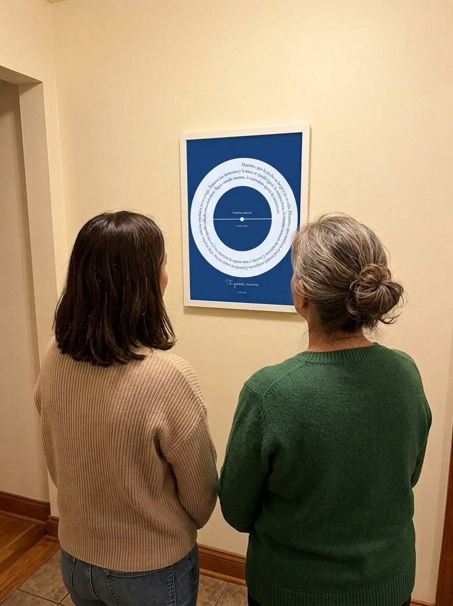 Madre e hija mirando el cuadro canção personalizado Día de la Madre recién colgado