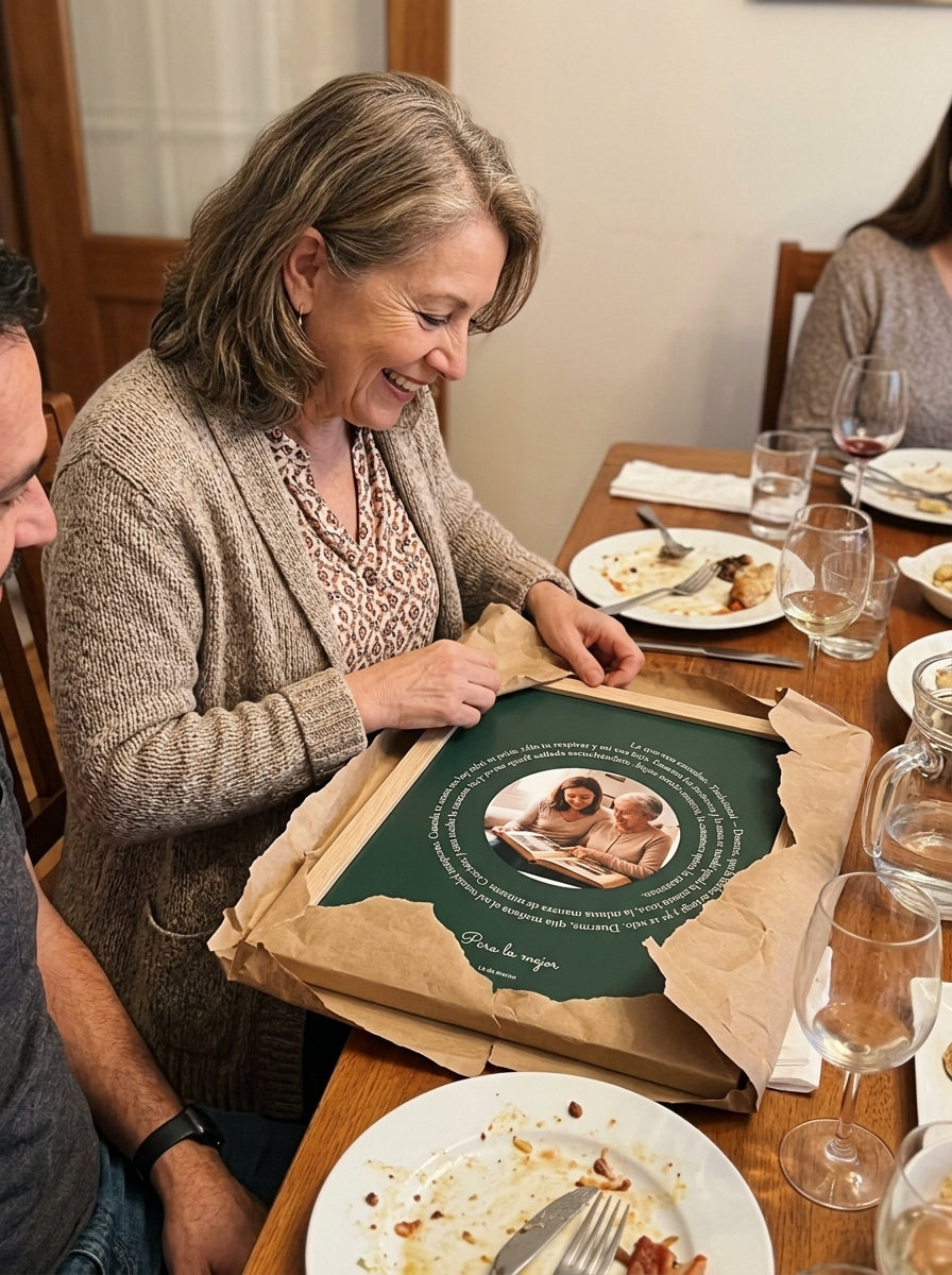 Abriendo el regalo del cuadro canção personalizado Día de la Madre en una comida familiar