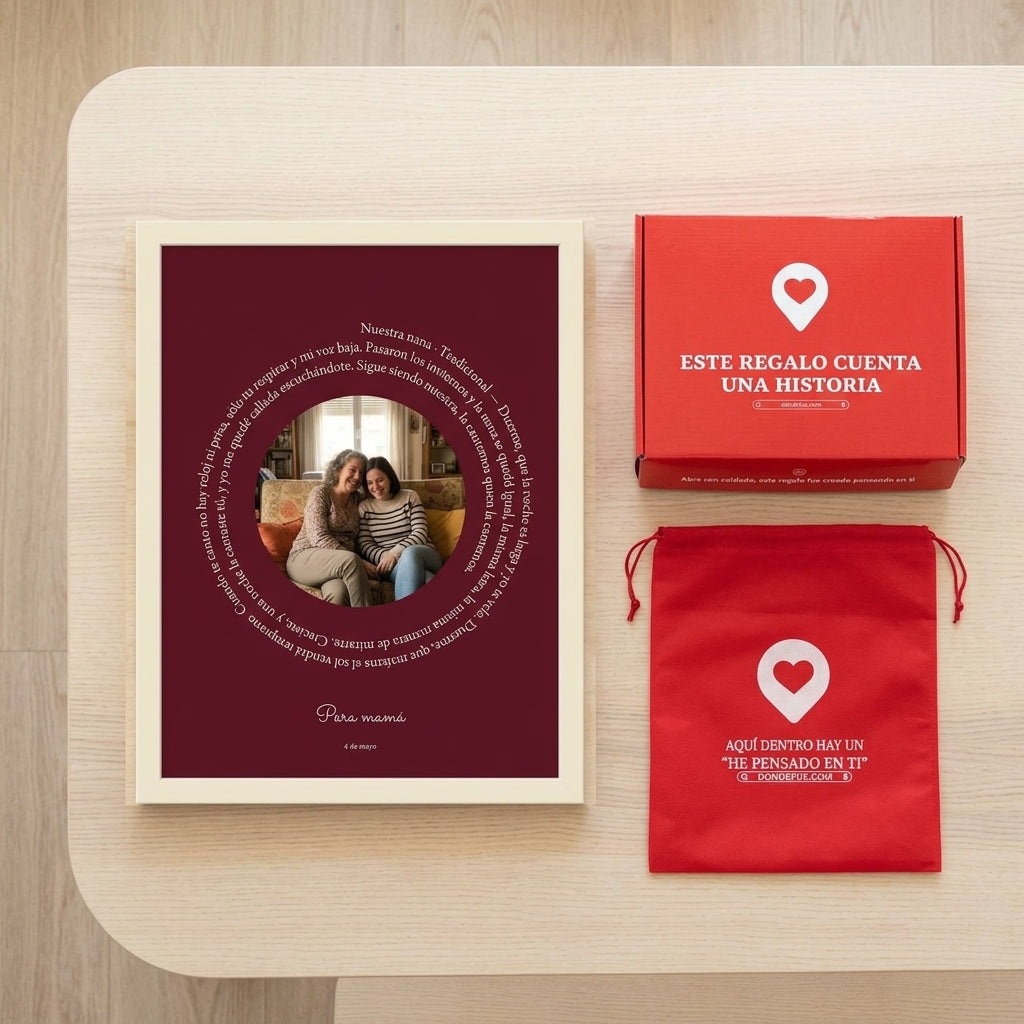 Cuadro canção personalizado Día de la Madre junto a la caja y la bolsa de regalo de Donde Fue