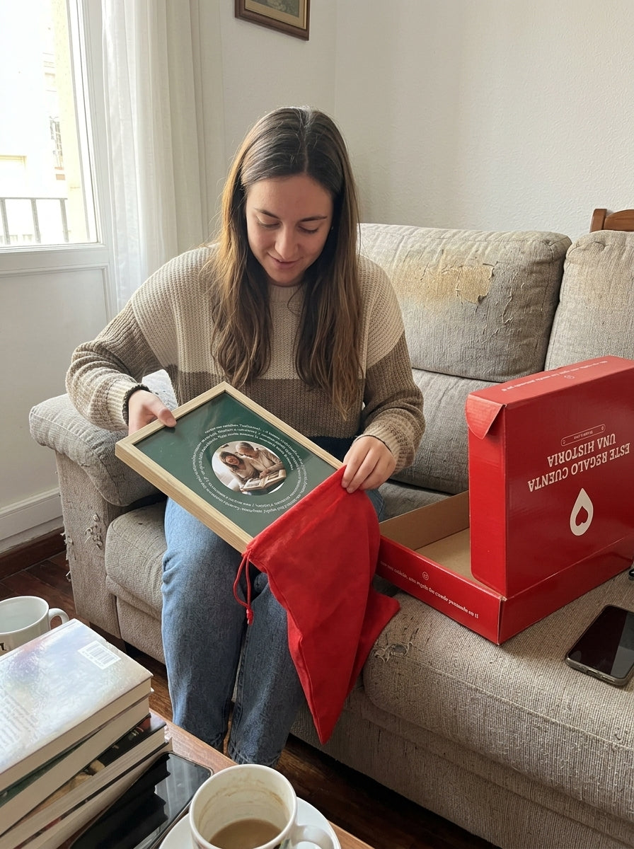 Sacando el cuadro canção personalizado Día de la Madre de la bolsa de regalo, con la caja abierta al lado