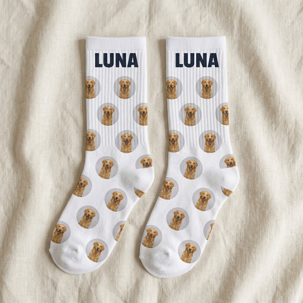 Calcetines personalizados con la cara de tu mascota repetida, el par visto de plano