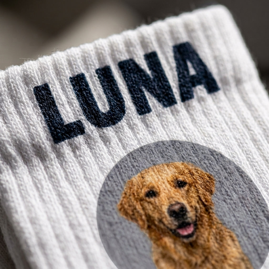 Detalle del punto y del estampado de los calcetines personalizados con la foto del perro