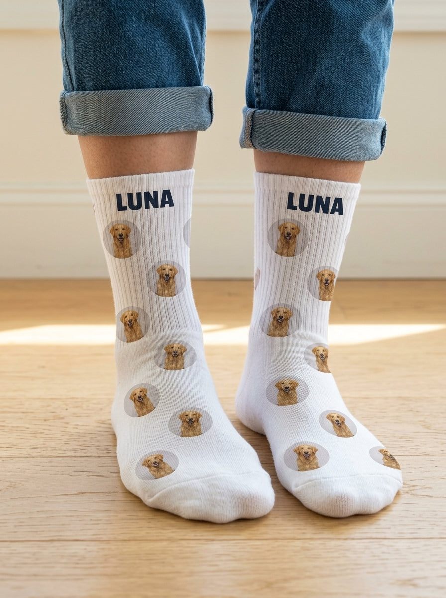 Calcetines personalizados con la cara del perro, puestos, sentado en el suelo