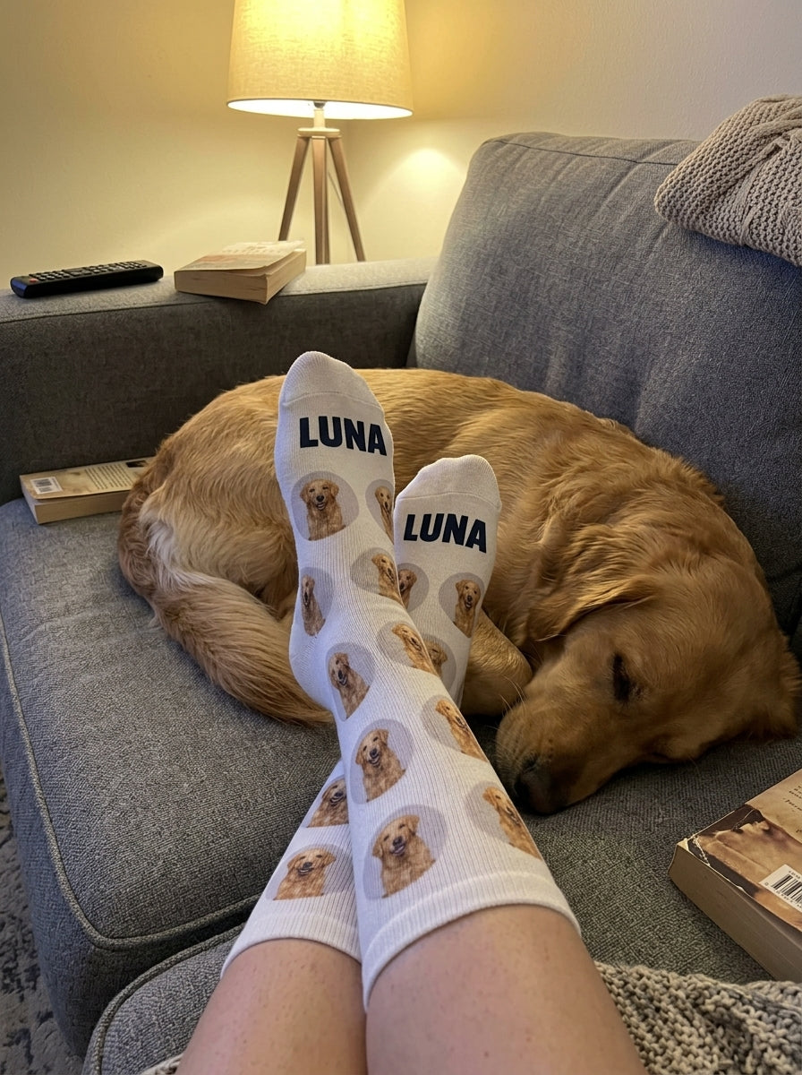 Pies con los calcetines personalizados de su perro en el sofá, con el golden retriever al lado