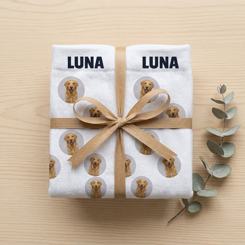 Calcetines personalizados de mascota enrollados con un lazo de kraft, listos para regalar