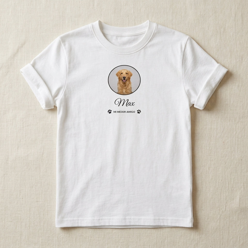Camiseta personalizada con la cara de tu mascota y su nombre, blanca, vista de plano sobre lino