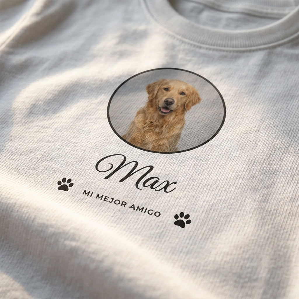 Detalle del estampado de la camiseta personalizada de mascota sobre el tejido de algodón