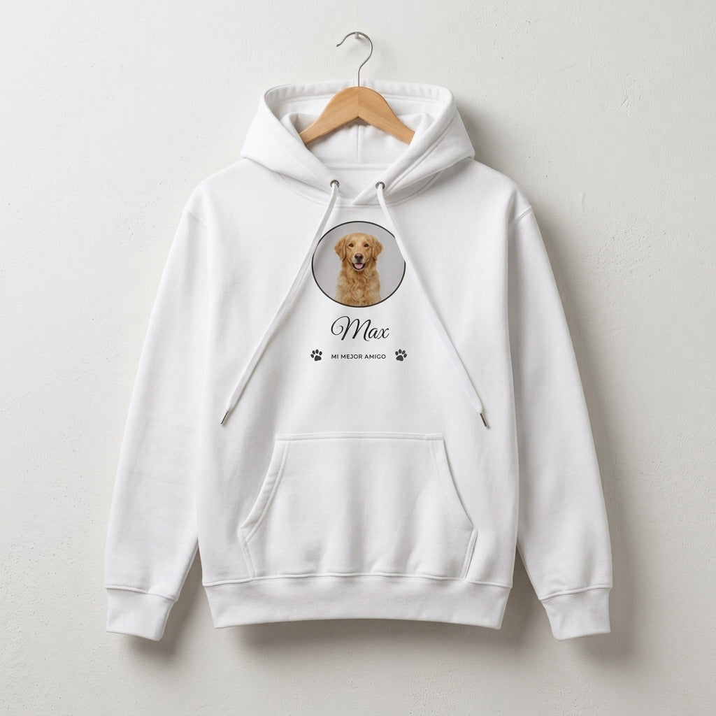 Sudadera con capucha personalizada con la cara de tu mascota, blanca, colgada de una percha